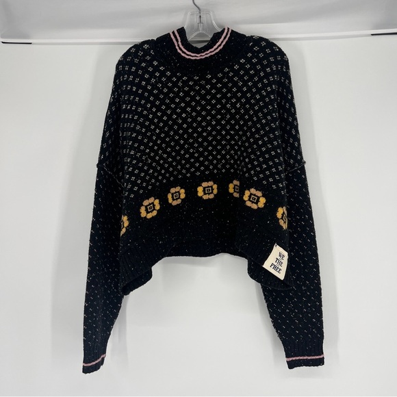 Free People Flower Patch Black Floral Knit Wool Blend Mock Neck Pullover Sweater - Picture 3 of 9